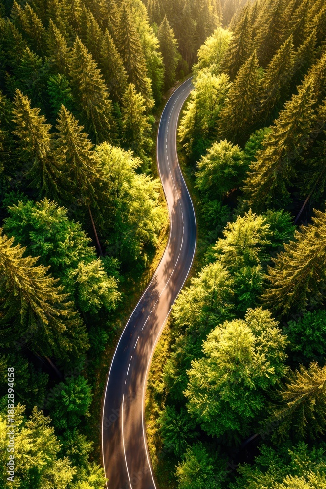 Fototapeta premium A winding road through a forest with trees on both sides
