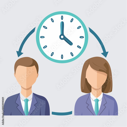 Business people icons. Clock with arrows. Time management concept. Vector illustration of man and woman. Office workers. Communication and teamwork. Businessmen and businesswoman. Simple