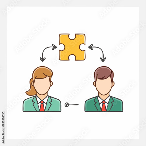 Partnership and teamwork concept. Business people icons. Puzzle pieces connecting. Teamwork illustration. Vector graphic. Partnership and collaboration. Business icons. White background.