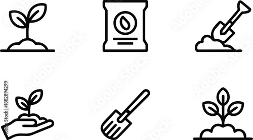 Collection of gardening icons illustrating plant growth soil shovel and seed packet isolated on transparent background