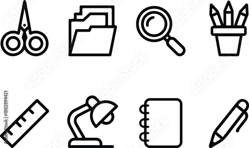 Collection of eight diverse office and school supply icons in a clean line art style illustrating stationery items for education and work