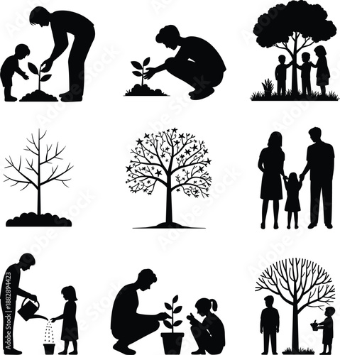 Family and children planting trees together, environmental conservation silhouettes, eco friendly lifestyle concept, nature growth, sustainability education, reforestation awareness, green future 