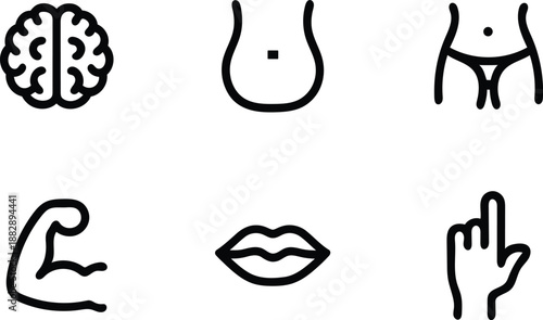 Set of six human body part icons including a brain torso female abdomen bicep lips and pointing finger