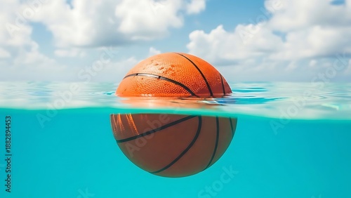 Basketball submerged in crystal clear water with cloudy sky