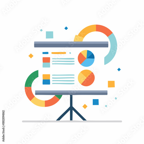 Infographic presentation on easel. Colorful chart and graph icons. Vector illustration of pie and bar charts. Business data visualization. Infographic design elements. White background.