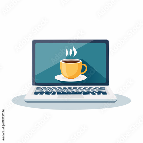 Laptop computer with coffee cup on screen. Vector illustration of laptop with coffee cup. Coffee break on laptop. Yellow coffee cup. White laptop. Simple icon. Flat design. Screen with