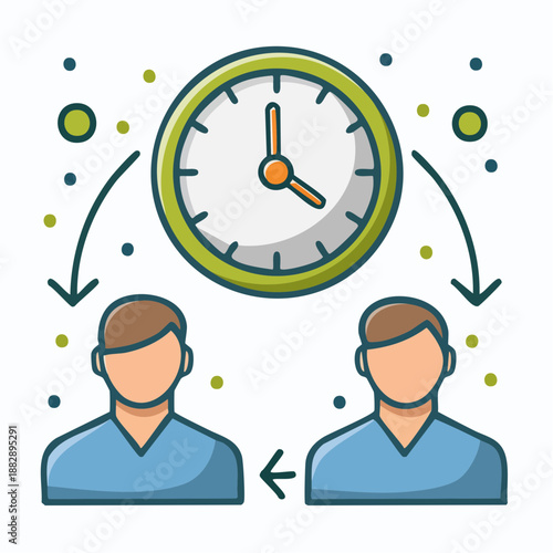Vector illustration of two people with a clock. Time management concept. Business productivity icon. Teamwork and scheduling symbol. Green and blue color scheme. White background. Modern