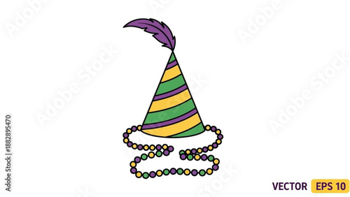 Colorful Party Hat with Beads on White Background, Vector Illustration