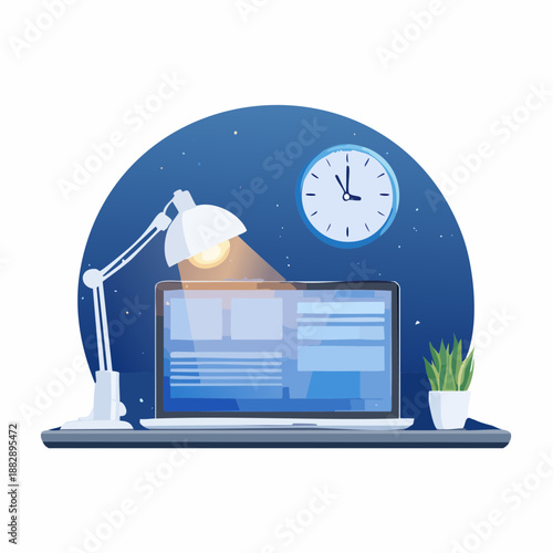 Laptop on desk with lamp. Nighttime workspace setup. Clock on wall. Plant and laptop computer. Vector illustration of home office workspace. Dark blue background with stars. Productivity
