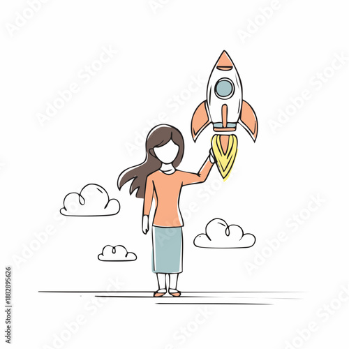 Woman launching a rocket. Cartoon illustration of girl with rocket. Simple line style. Businesswoman with spacecraft. Vector design on white background. Startup and success concept. Modern