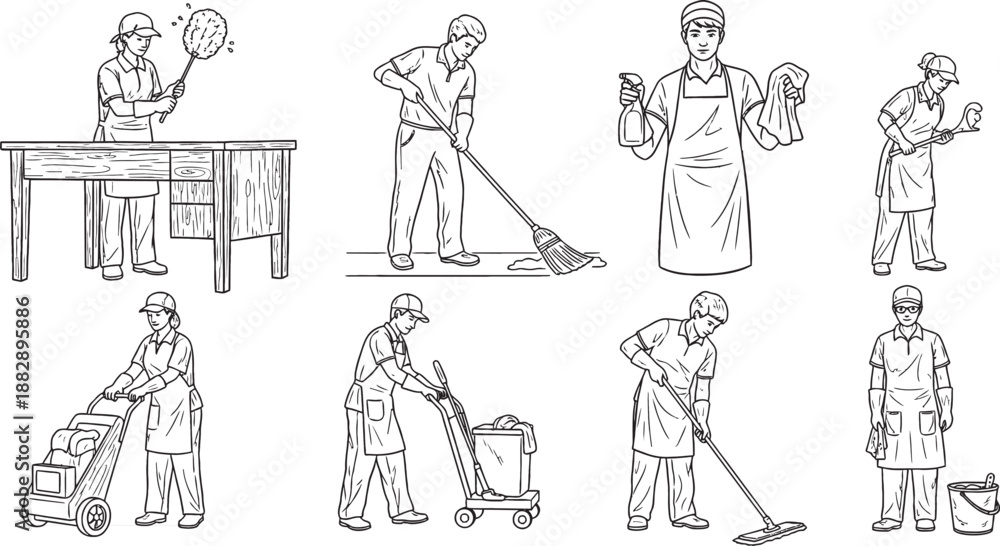 Naklejka premium Collection of line art illustrations depicting various cleaning and housekeeping tasks performed by people.