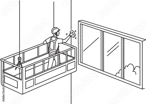 A window cleaner in a suspended platform cleaning a tall building's window.
