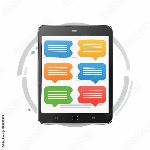 Smartphone with chat bubbles on screen. Mobile phone icon. Colorful speech bubbles. Vector illustration on white background. Communication symbol. Messaging app. Social media. Mobile