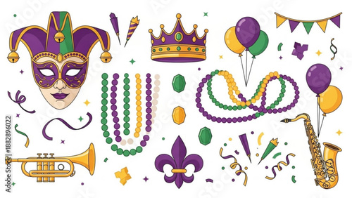 Mardi Gras Party Accessories with Masks, Crowns, and Beads