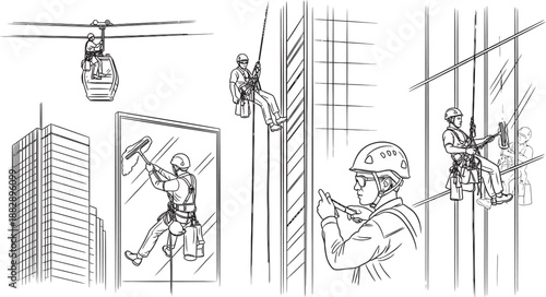 Detailed illustration of high-rise window cleaning operations, showing workers rappelling and using equipment on tall buildings.