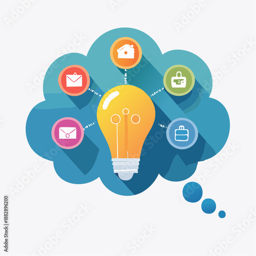 Light bulb with icons. Vector illustration of idea concept. Cloud with email, house, lock, calendar and message icons. Thought bubble. Business and technology symbols. White background.