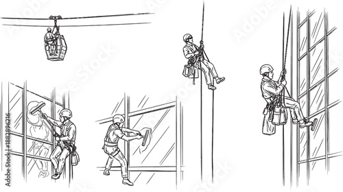 Illustrations depicting various methods of high-rise window cleaning, including rappelling and using suspended platforms.