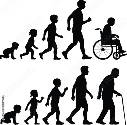 Human life cycle evolution silhouette showing childhood growth adulthood aging disability wheelchair and senior mobility concept for healthcare education medical awareness illustration