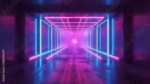 Neon Light Tunnel Perspective with Pink and Blue Illuminated Lines and Reflections on Floor
