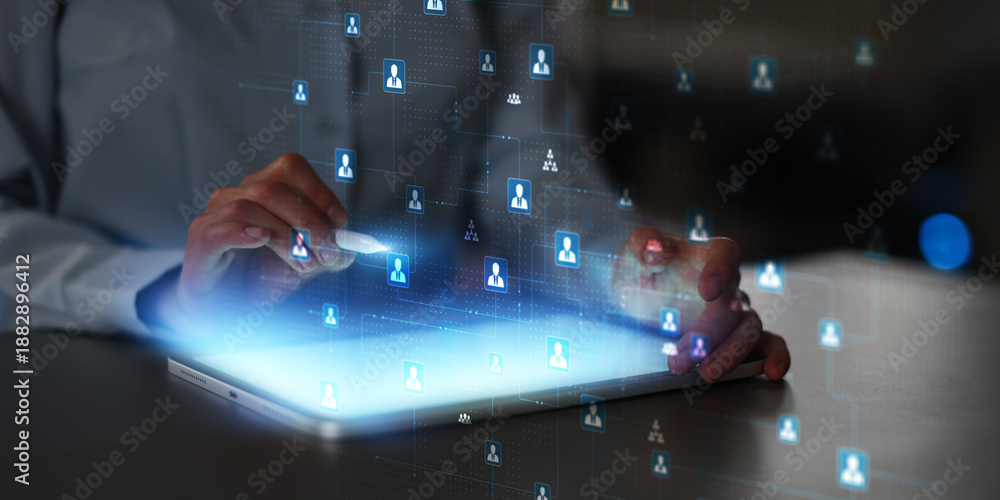 Obraz premium Workforce management interface displaying connected people within digital HR systems.