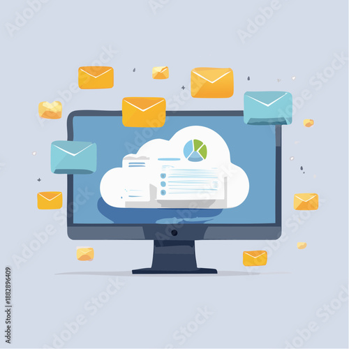 Cloud computing concept. Computer monitor with cloud storage. Email icons. Vector illustration of data storage. Cloud service. Online data. Computer screen. Cloud icon. Email symbols.