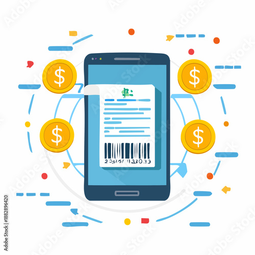 Mobile phone with invoice on screen. Dollar coins. Financial transaction illustration. Vector graphic. White background. E-commerce concept. Online payment. Digital receipt. Mobile banking.