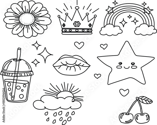 Print Hand Drawn Cute Sticker Set and Doodle Icons Featuring Flower, Crown, Rainbow, Boba Tea, Lips, and Kawaii Star; Minimalist Black and White Vector Line Art for Coloring Pages and DIY Journals
