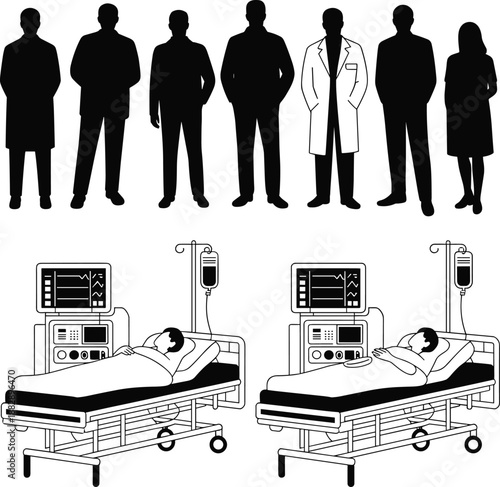 Medical team silhouettes with doctor highlighted above intensive care hospital beds, healthcare staffing concept, patient treatment, emergency medicine, clinical support, workforce diversity 