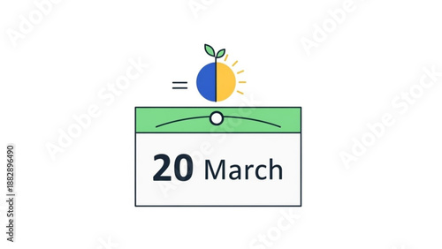 Spring Equinox Calendar Icon with Green Leaf and Blue Yellow Circle on White Background