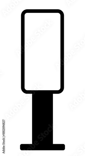 Minimal black advertising signboard icon with slim pole isolated on white background, simple outdoor shop signage for business branding, street sign mockup, flat vector graphic design element