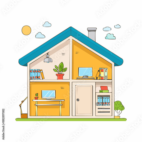Cross-section of a house. Cartoon house interior. Home with furniture and appliances. Vector illustration of house. House design. Residential building layout. Interior decoration. House on
