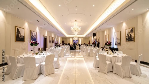 Elegant banquet hall with white tablecloths, chandeliers, artwork, and guests. Well-lit and spacious