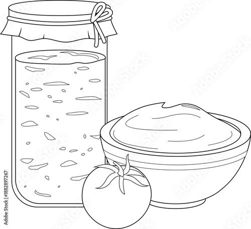 Homemade tomato sauce. Bowl and glass jar of healthy tomato paste for cooking. Vector black and white coloring page.