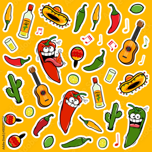 Hot chili pepper sticker set. Hot cartoon jalapeno Cinco de Mayo party collection sticker pack patches, labels, tags. A guitar, tequila, a cactus, chili peppers and maracas. Vector illustration set