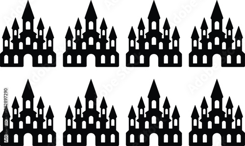 Seamless pattern of black fairy tale castle silhouettes with towers and windows, fantasy architecture background for design, wallpaper, textile, Halloween, medieval themes