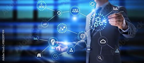 Gears mechanism on virtual screen. Automation and business process flow. Business and technology concept. © WrightStudio