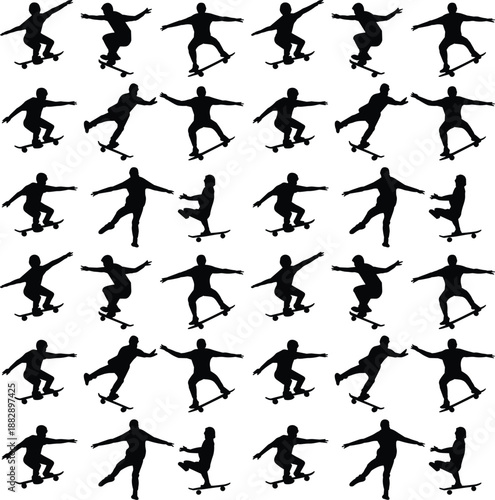 Seamless pattern of skateboarder silhouettes performing tricks, urban street skateboarding background, extreme sports lifestyle concept, modern graphic design texture for fashion, posters, branding