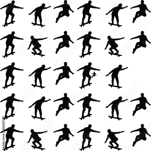 Seamless skateboarder silhouette pattern featuring multiple skateboarding poses, urban street sport concept, youth culture, extreme sports lifestyle, black figures isolated on white background