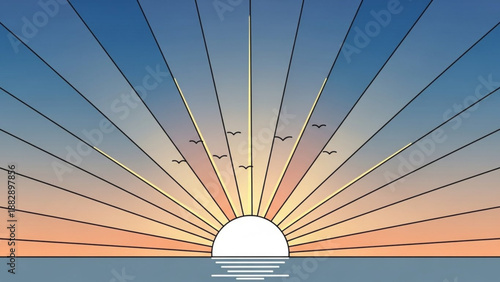 Sunset Over Ocean with Birds Flying, Vector Illustration, Sunrise Symbolizing Hope