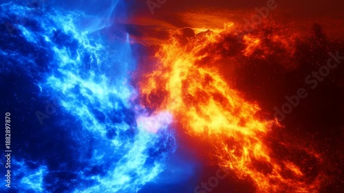 Dynamic clash of blue and red energy in fiery showdown alive with intense motion and vivid colors