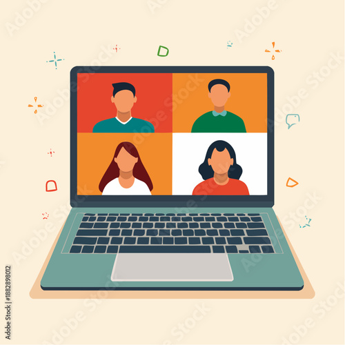 Laptop with video conference on screen. Four people in squares. Virtual meeting illustration. Online communication. Remote work. Vector graphic.
