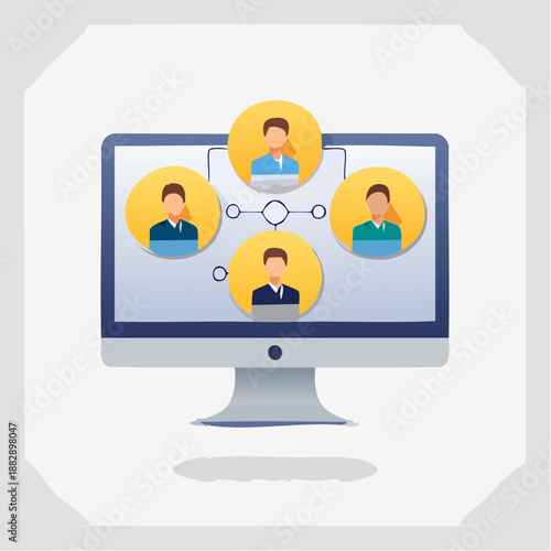 Vector illustration of computer screen with connected people icons. Social network concept. Four people profiles. Business communication. Teamwork symbol. Modern flat design. White