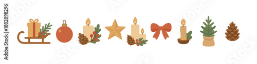 Festive holiday icons featuring candles, gifts, and seasonal decorations in flat style