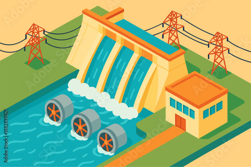 Isometric hydroelectric power plant with water turbines and transmission towers
