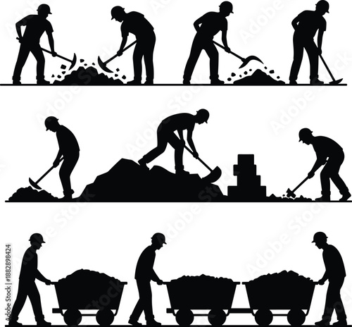 Silhouette illustration of manual labor workers mining, digging and pushing carts, industrial workforce concept showing teamwork, hard work, construction, excavation and traditional mining processes