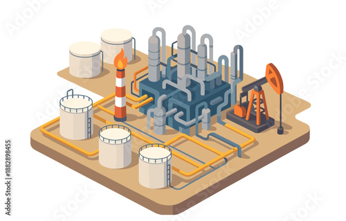 Isometric industrial oil refinery with pipelines and storage tanks