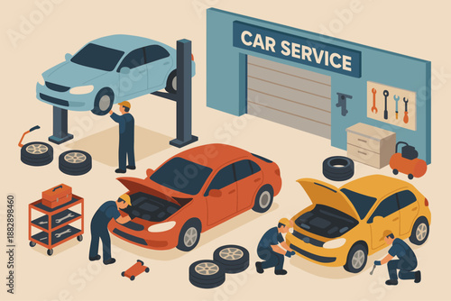 Car repair garage scene with mechanics working on vehicles in isometric style