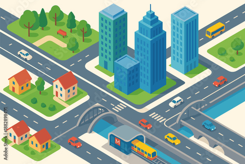 Isometric cityscape with roads, buildings, and park