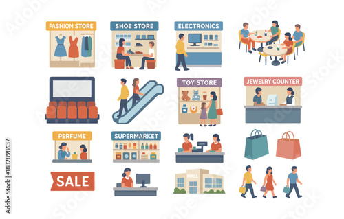 Flat design shopping mall elements including stores and shoppers in modern style