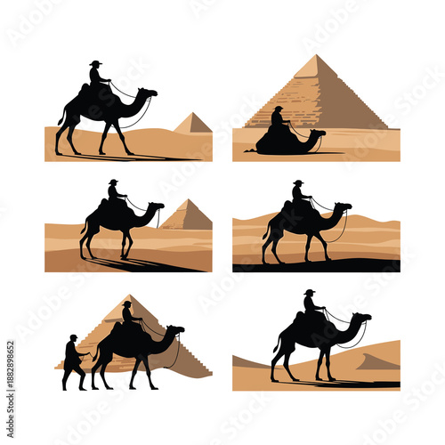 Illustration of Camel riders approaching the Great Pyramid. 
